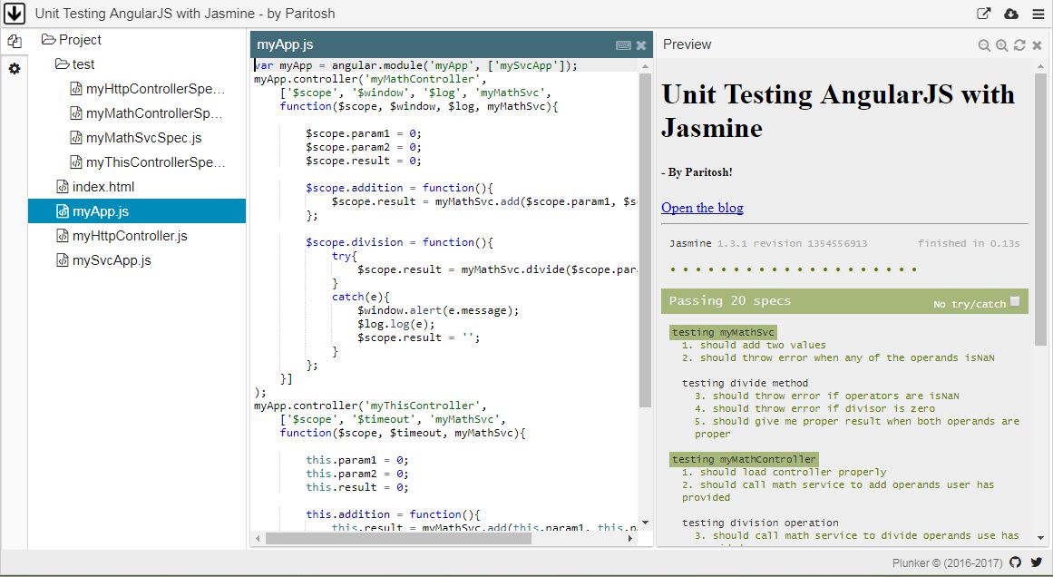 link for the plunk - Unit Testing AngularJS with Jasmine